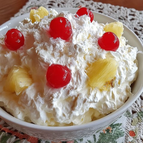 A bowl of pineapple fluff with cherries on top.