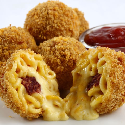 A plate of deep fried spaghetti os.