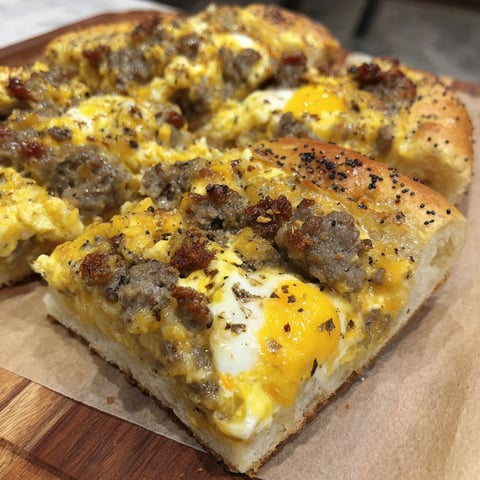 A slice of breakfast pizza with eggs and sausage.