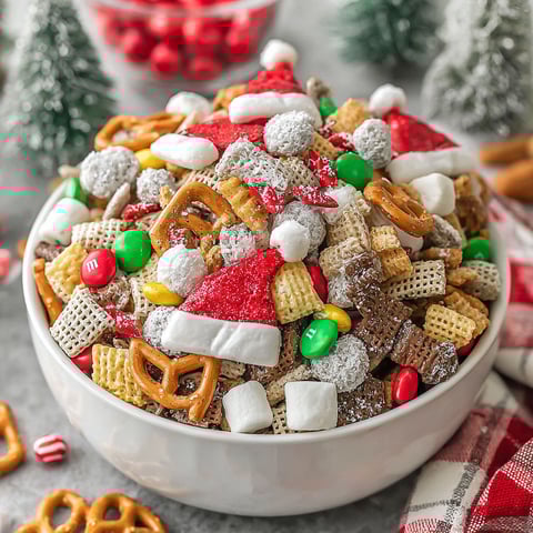 A bowl of Christmas snack mix.