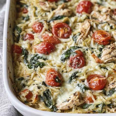 A dish of Orzo Tuscan Chicken Bake.