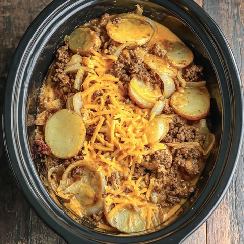 A crock pot filled with a hamburger potato casserole.