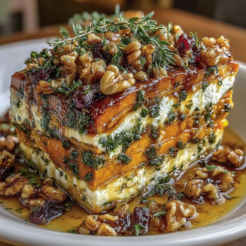 A dish of food with a sweet potato, butternut squash, carrot lasagna with feta, walnuts, and cranberry-honey glaze.