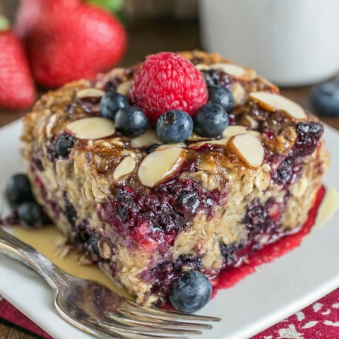 A slice of almond berry baked oatmeal.